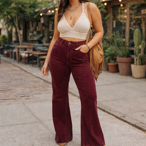 Vintage Pants - Hippie Vintage Burgundy Corduroy Flare Pants | Made USA | 70s Retro Bell Bottoms